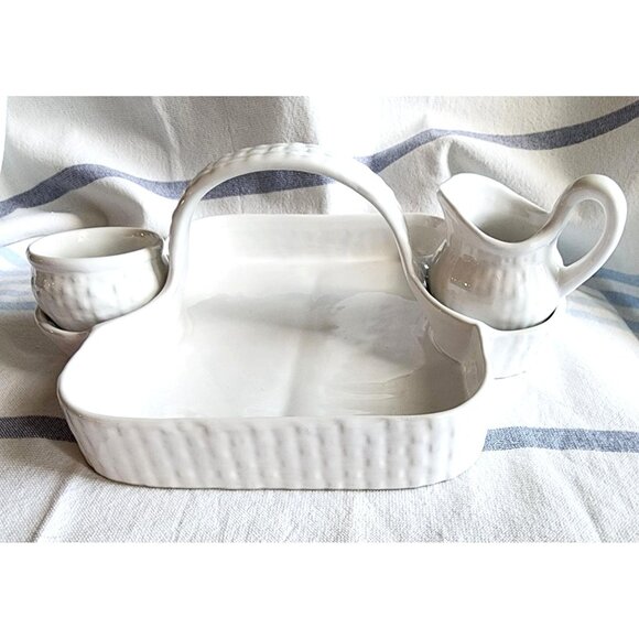 Vintage White Neuwirth Ceramic Berry Basket Breakfast in Bed Tray W Cream/Sugar - Picture 1 of 11